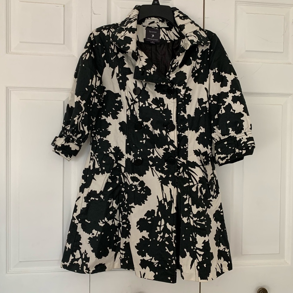 Forever 21 Black and Cream Floral Print Coat